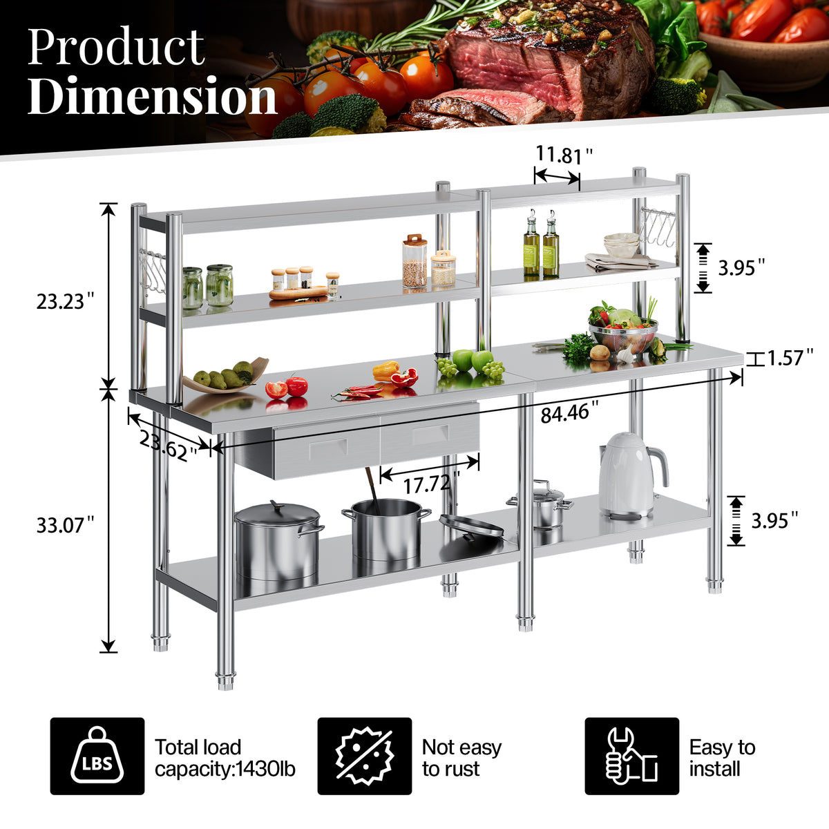 Stainless Steel Work Table with Overshelves Amerlife 24x84inch