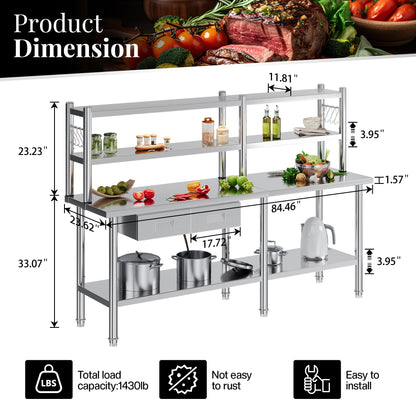 Stainless Steel Work Table with Overshelves Amerlife 24x84inch