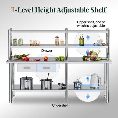Stainless Steel Work Table with Overshelves Amerlife 24x84inch