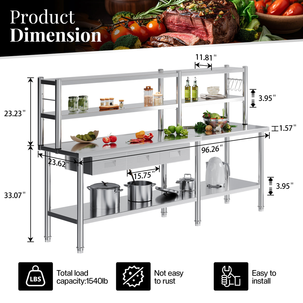 Stainless Steel Work Table with Overshelves Amerlife 24x96inch