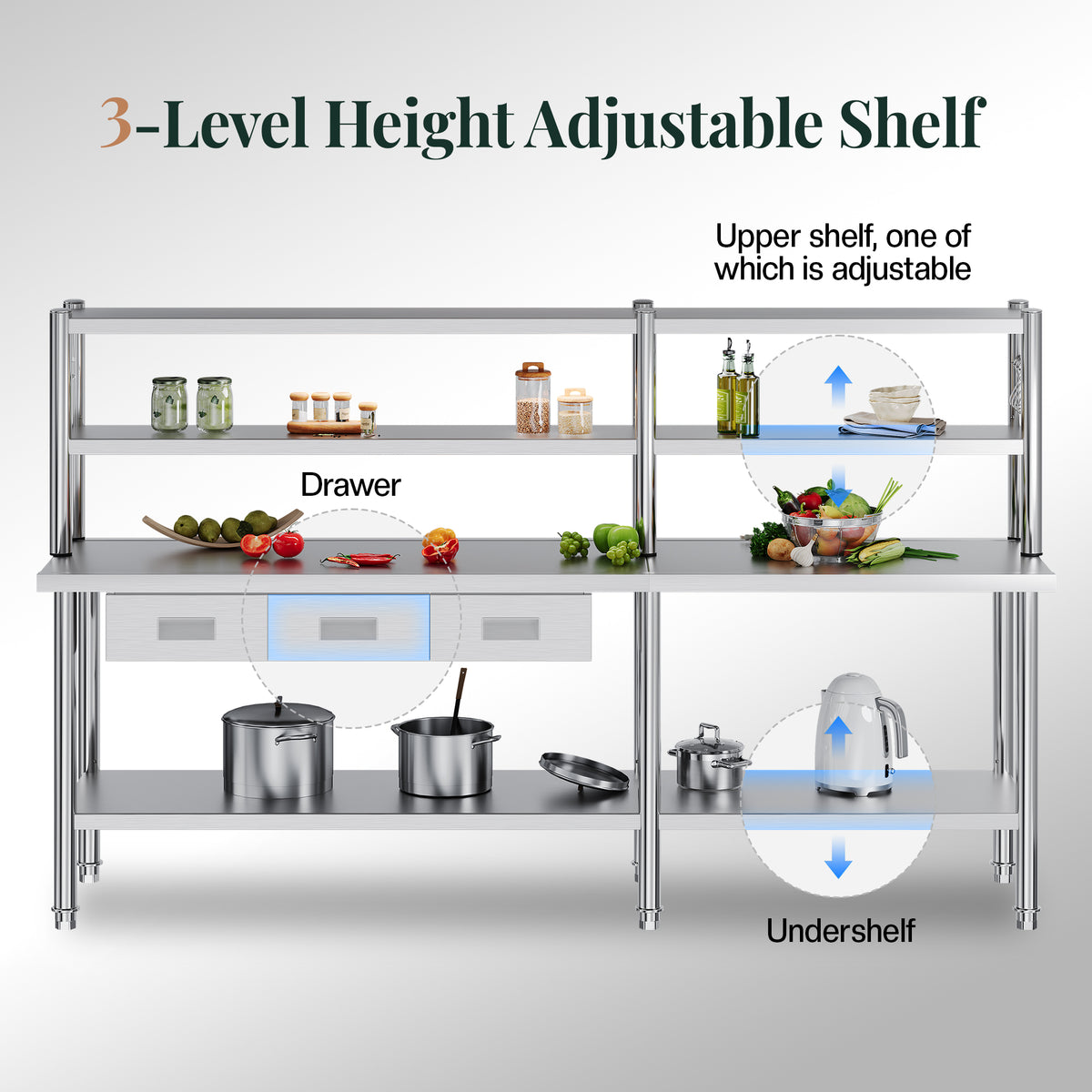 Stainless Steel Work Table with Overshelves Amerlife 24x96inch
