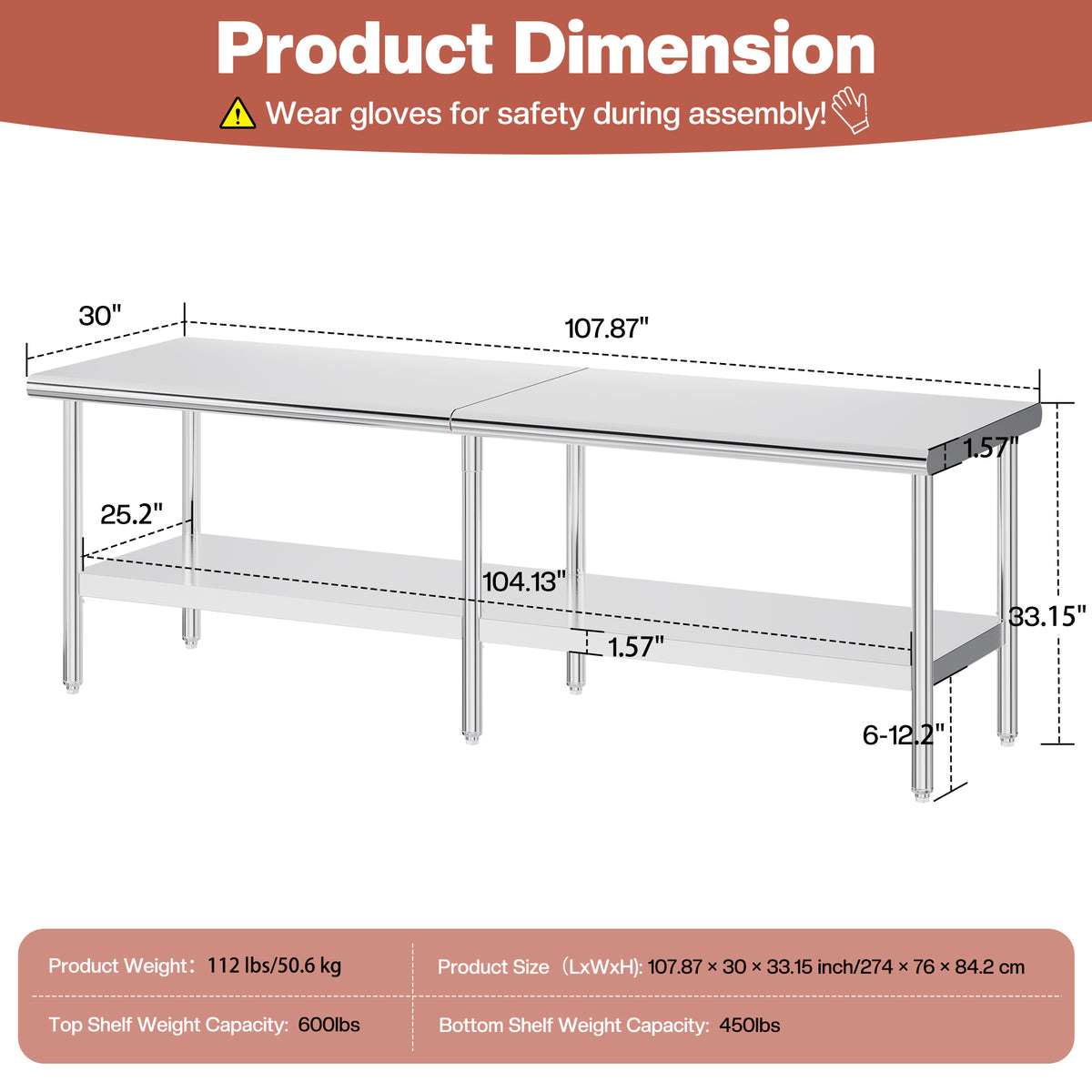 Stainless Steel Prep Table Amerlife 30x108inch