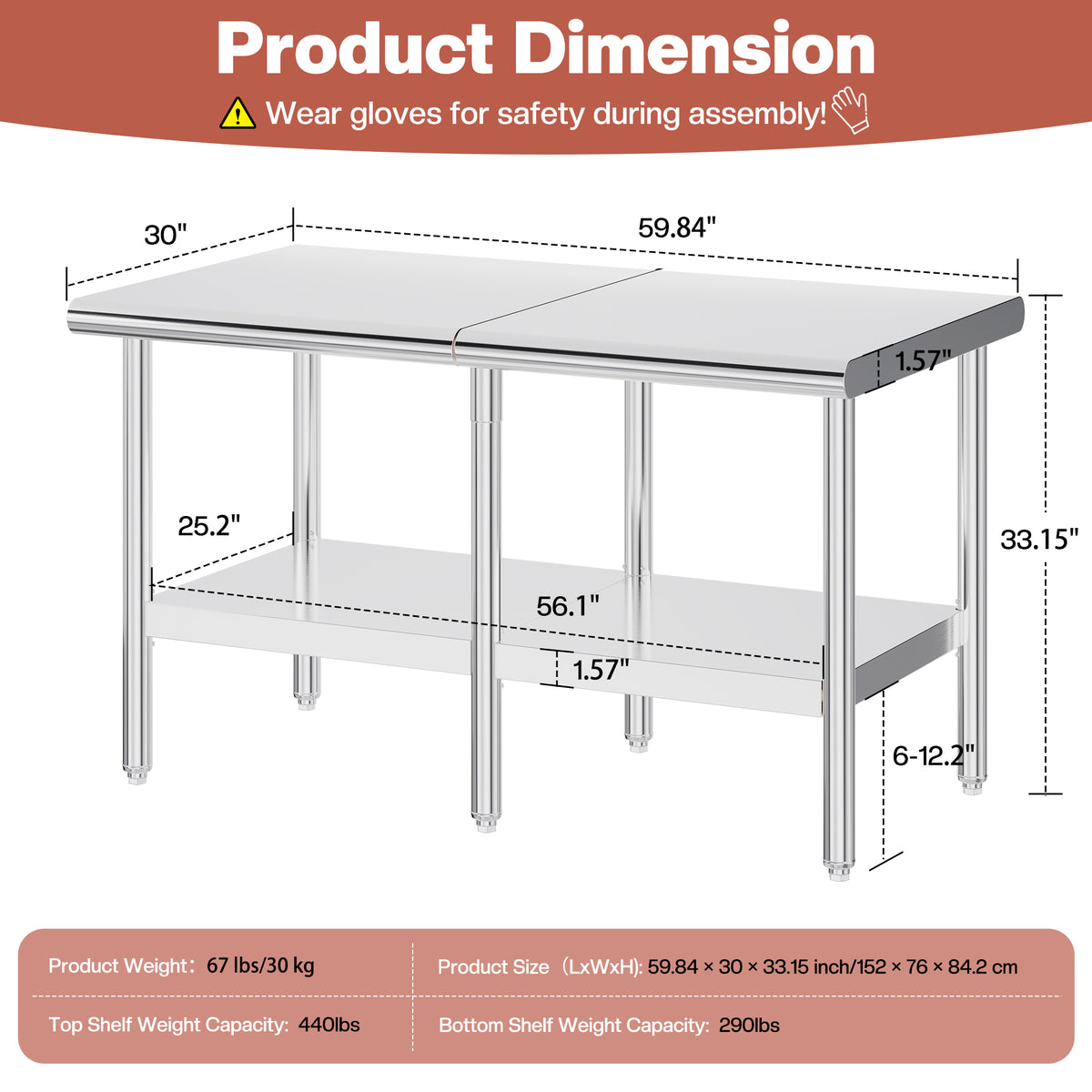 Stainless Steel Prep Table Amerlife 30x60inch