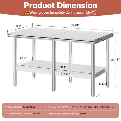Stainless Steel Prep Table Amerlife 30x60inch