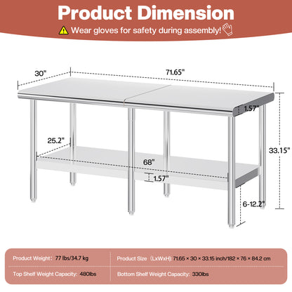 Stainless Steel Prep Table Amerlife 30x72inch