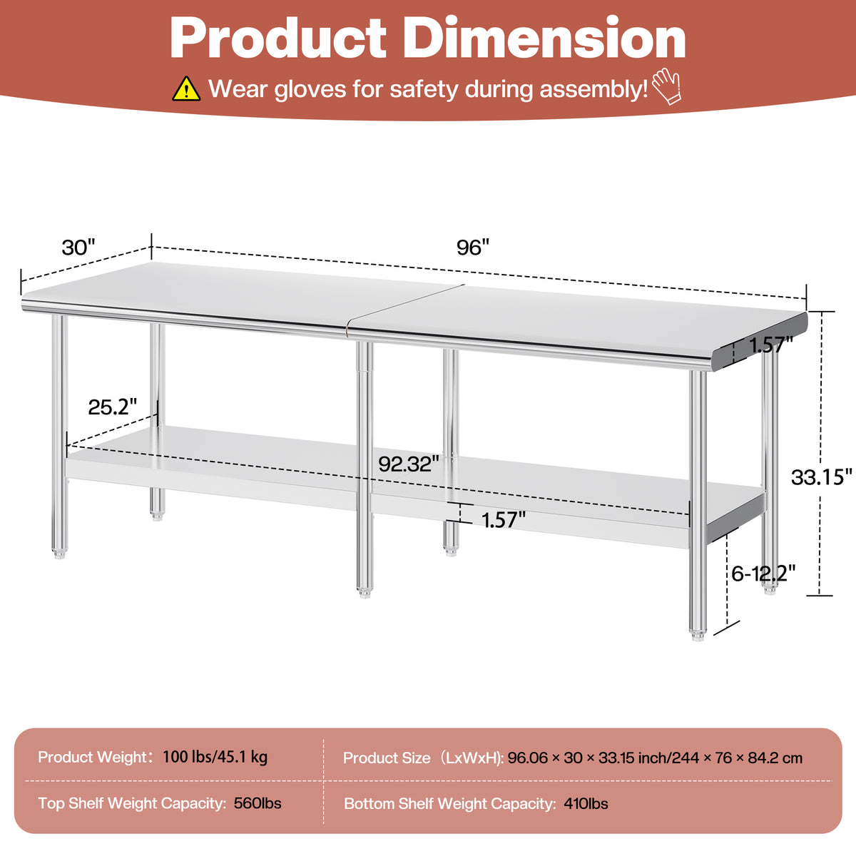 Stainless Steel Prep Table Amerlife 30x96inch