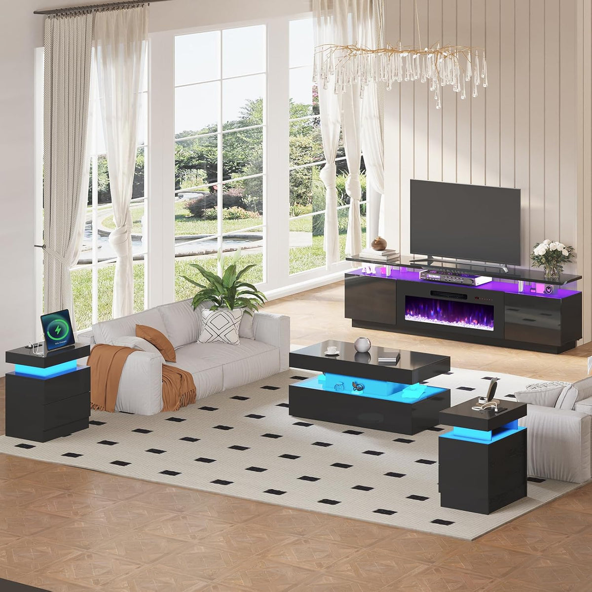 Sheer 80" Fireplace 5-Piece Living Room Set-Black
