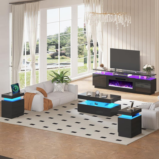 Sheer 80" Fireplace 5-Piece Living Room Set-Black