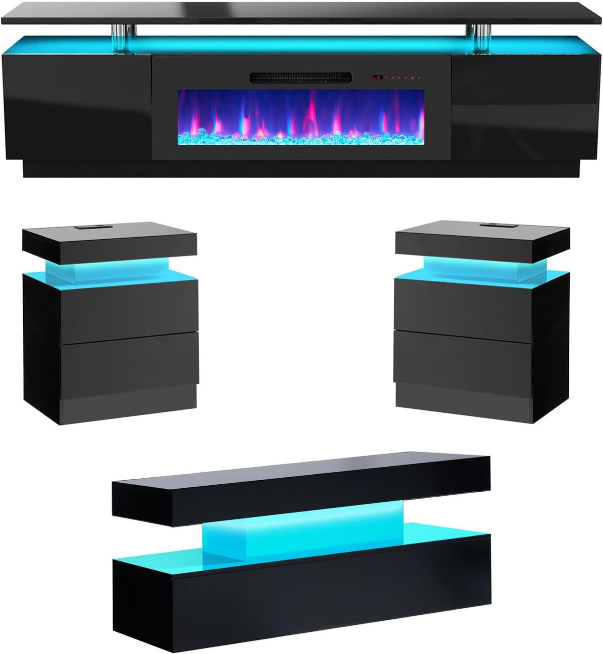 Sheer 80" Fireplace 5-Piece Living Room Set-Black