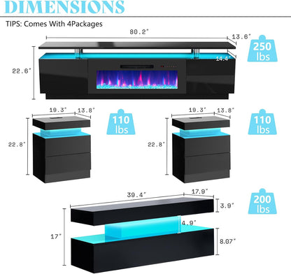 Sheer 80" Fireplace 5-Piece Living Room Set-Black