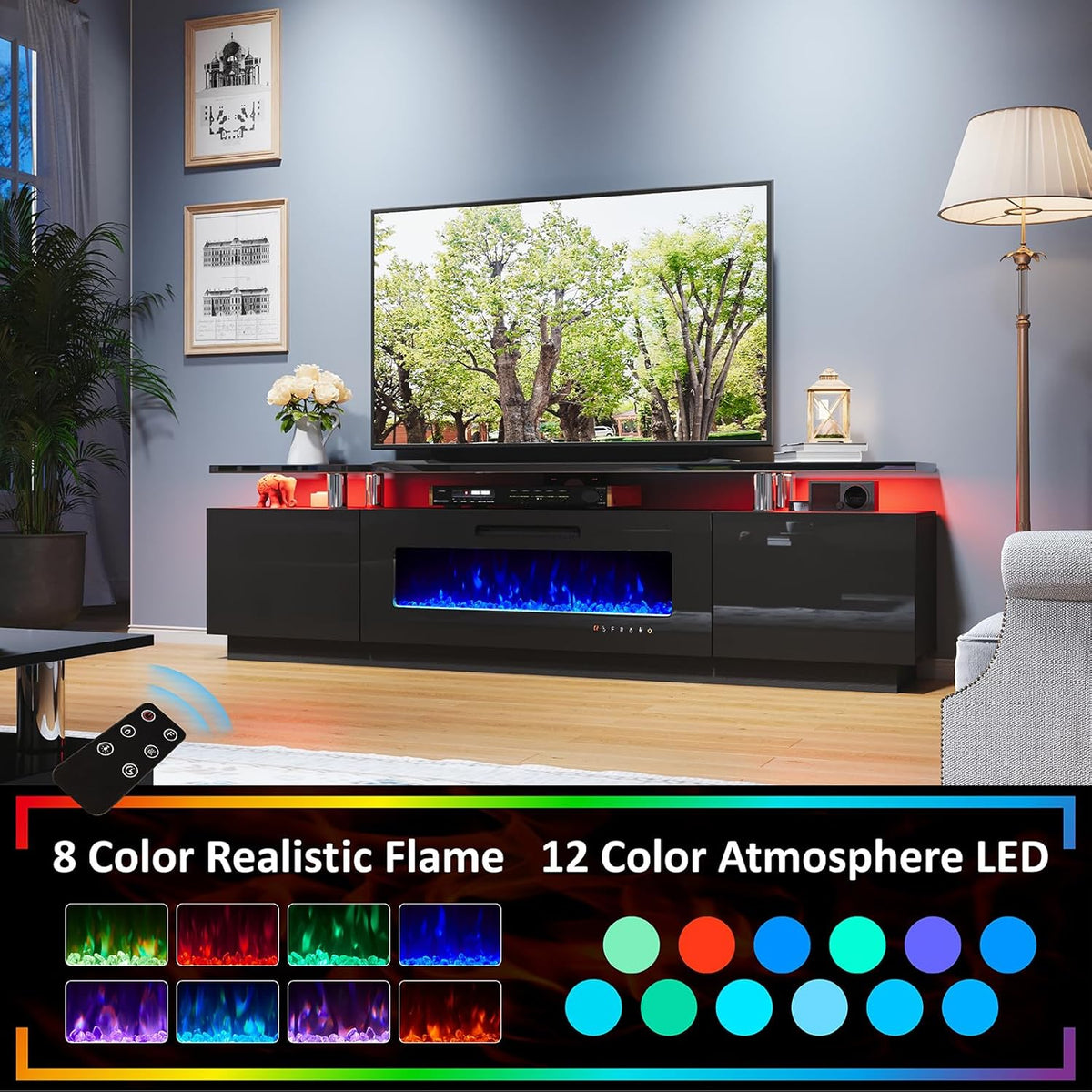 Sheer 80" Fireplace 5-Piece Living Room Set-Black