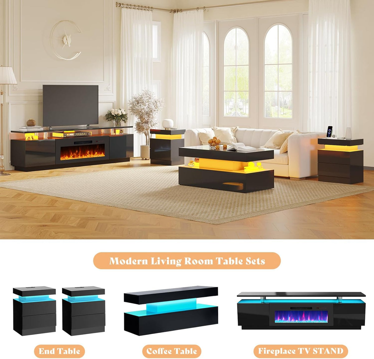 Sheer 80" Fireplace 5-Piece Living Room Set-Black