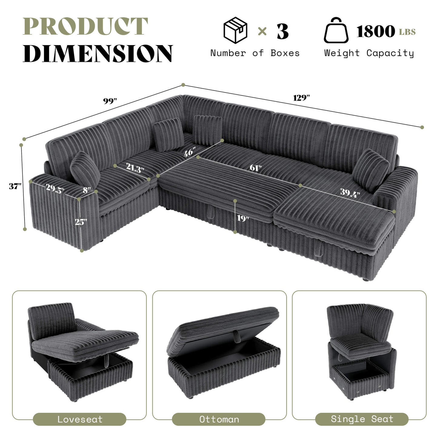 Storavia Cloud Modular Sleeper Sectional Sofa - Grey