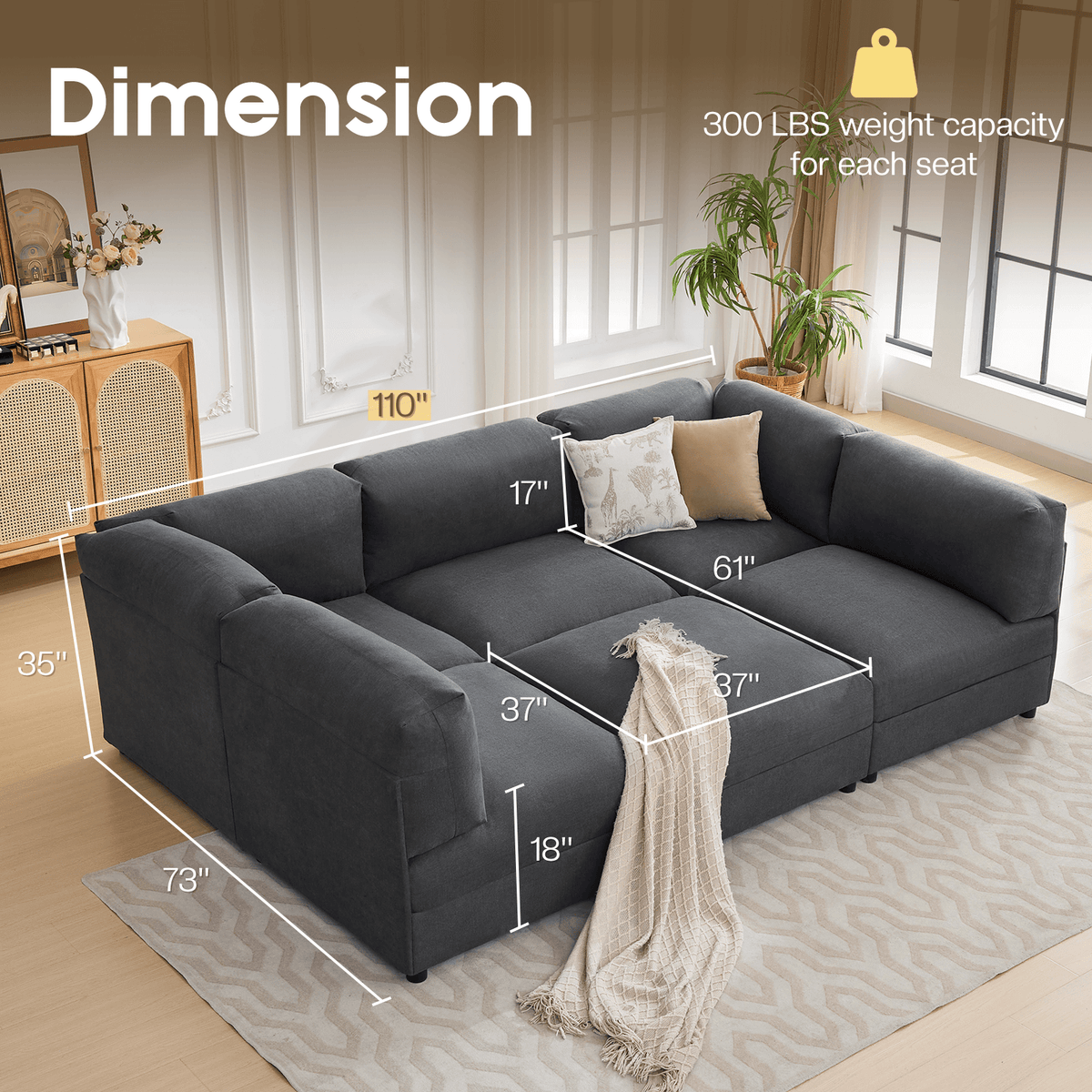 Opal 148" Oversized Sectional Sofa - Linen / Gray