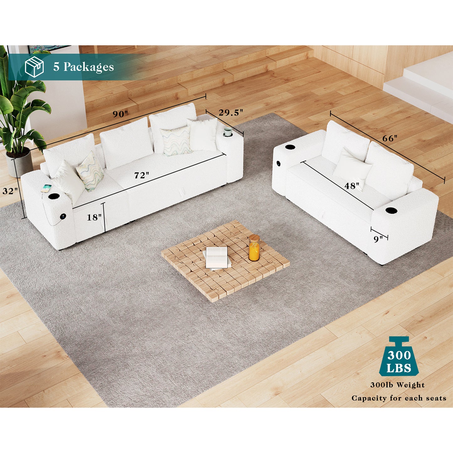 5 Seats-2 Piece / Bouclé White