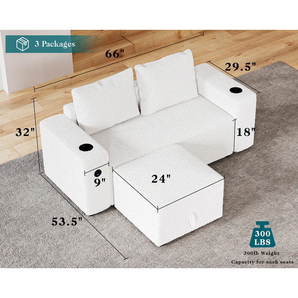 Armrests & One Ottoman / Bouclé White