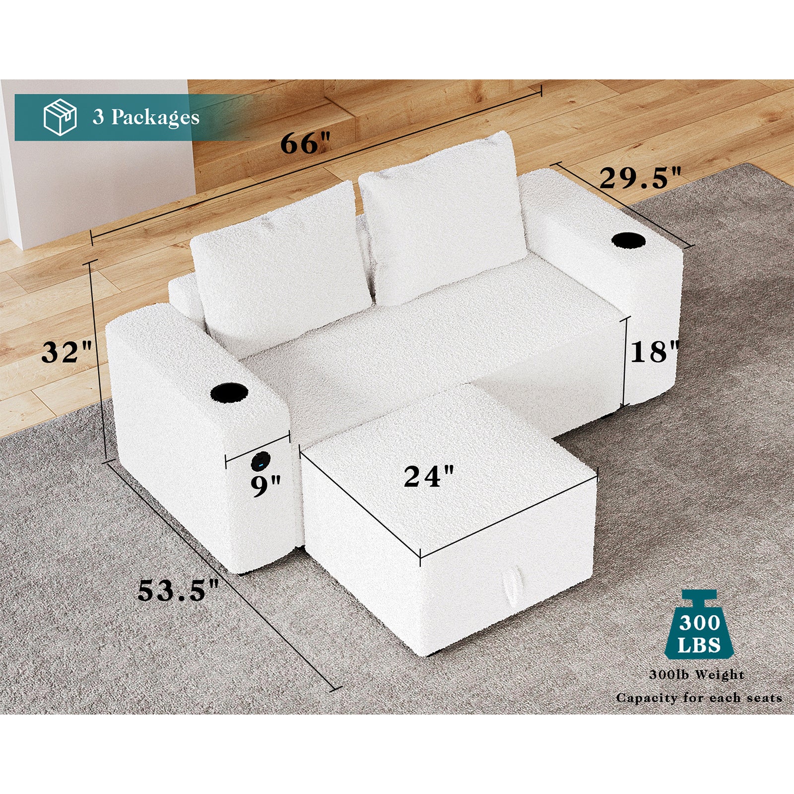 Armrests & One Ottoman / Bouclé White