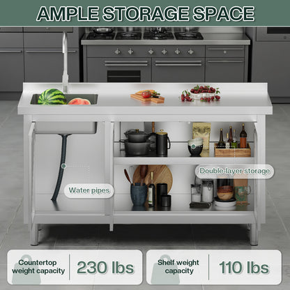 Stainless Steel Sink Cabinet Amerlife 60" x 24" x 33.5"