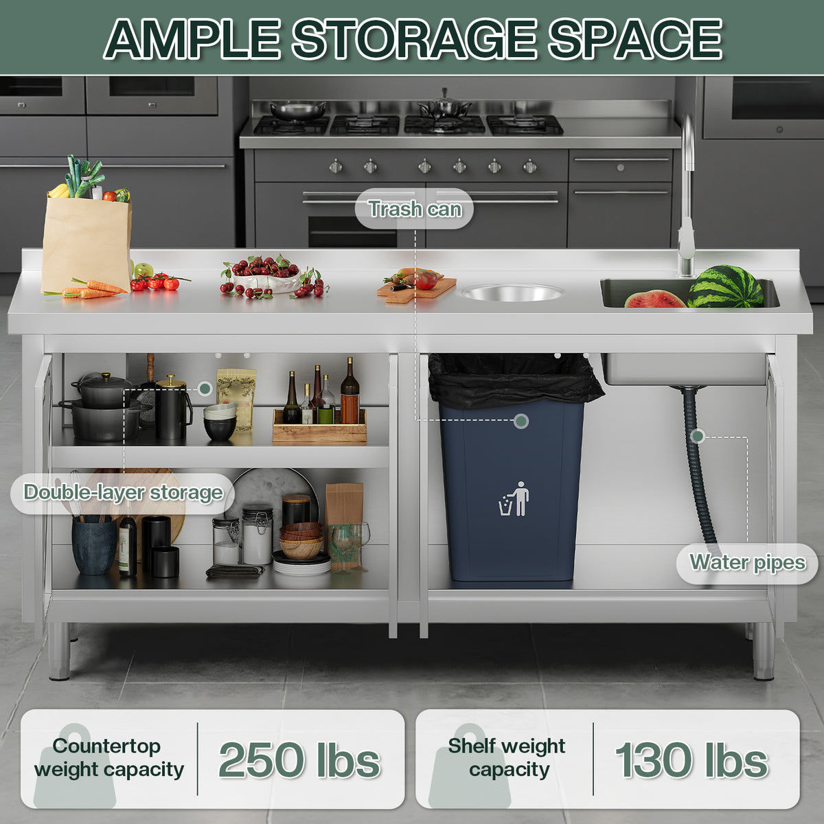 Stainless Steel Sink Cabinet Amerlife 72" x 24" x 33.5"