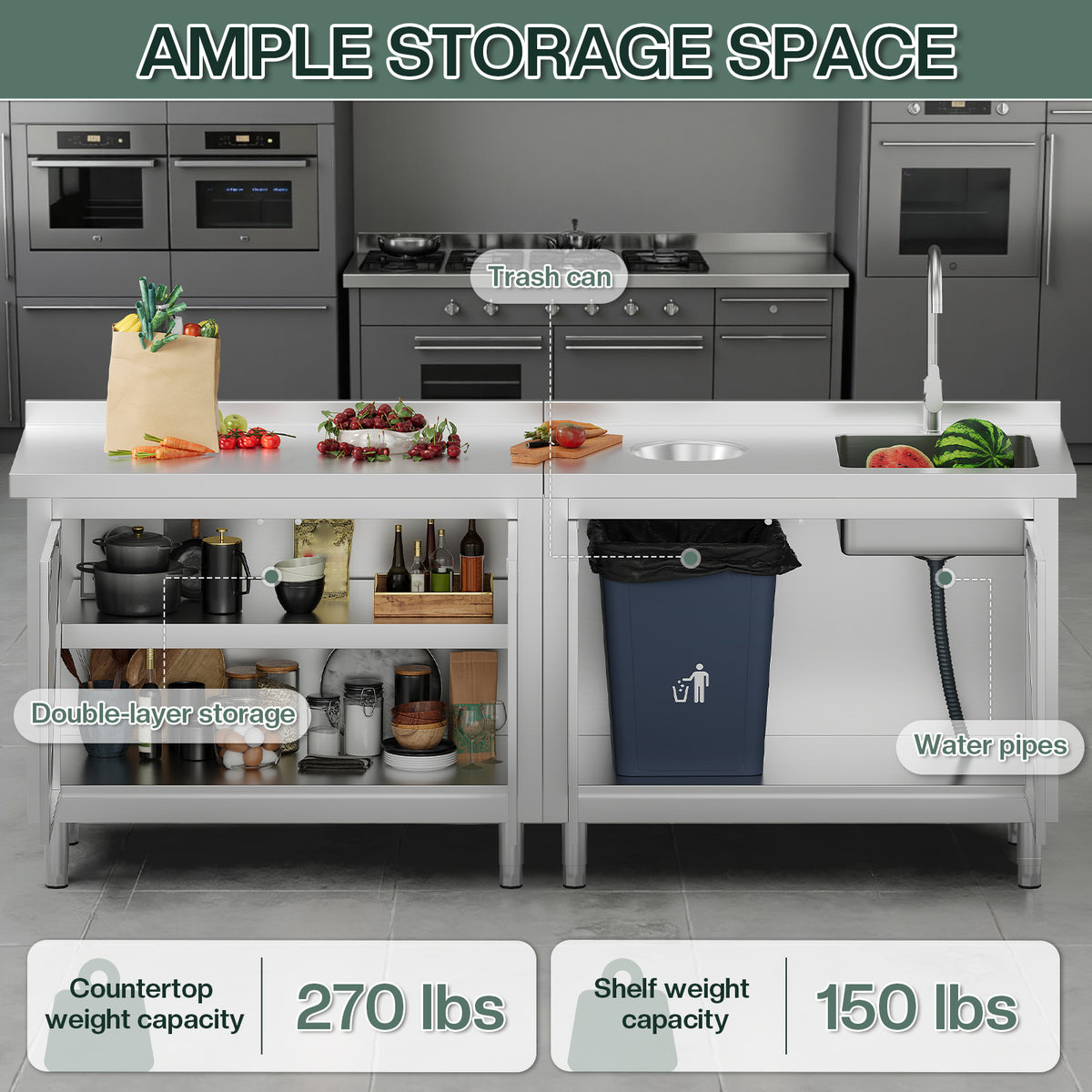 Stainless Steel Sink Cabinet Amerlife 84" x 24" x 33.5"