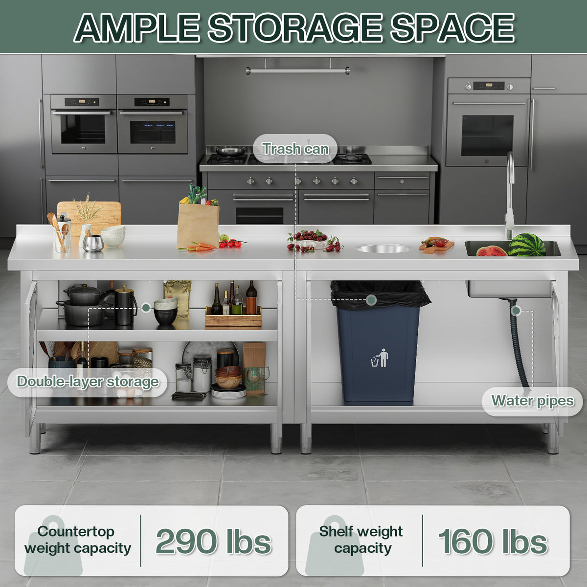 Stainless Steel Sink Cabinet Amerlife 96" x 24" x 33.5"