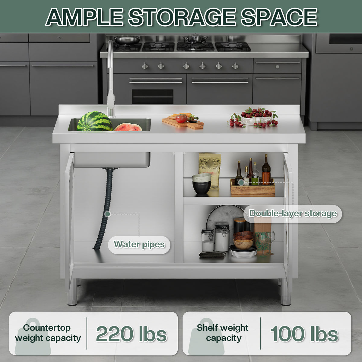 Stainless Steel Sink Cabinet Amerlife 48" x 24" x 33.5"