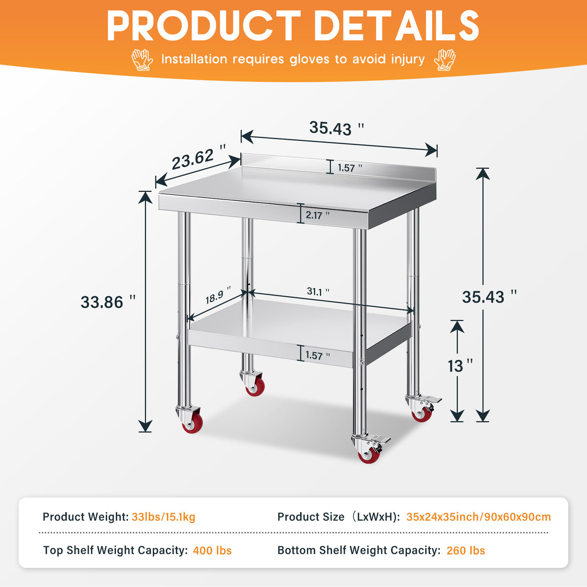 Stainless Steel Prep Table Amerlife 24x36inch / Rear Panel Style