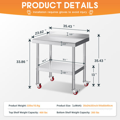 Stainless Steel Prep Table Amerlife 24x36inch / Rear Panel Style