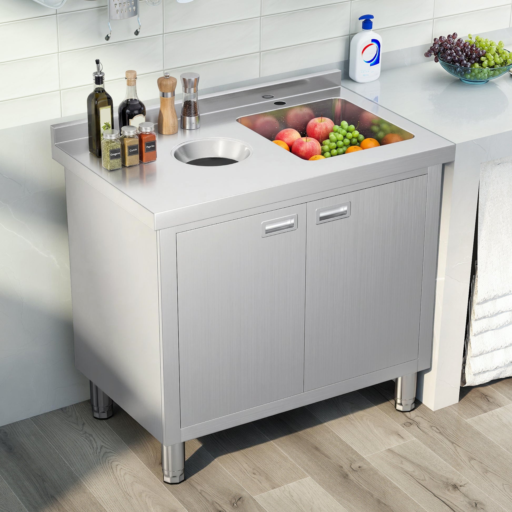 Stainless Steel Work Cabinet Amerlife 24" x 36" x 34" - Sink Cabinet with Trash Bin