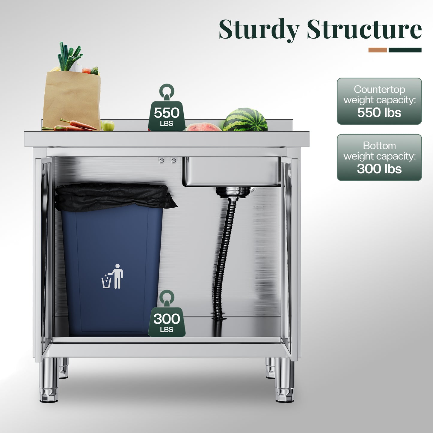 Stainless Steel Work Cabinet Amerlife 24" x 36" x 34" - Sink Cabinet with Trash Bin