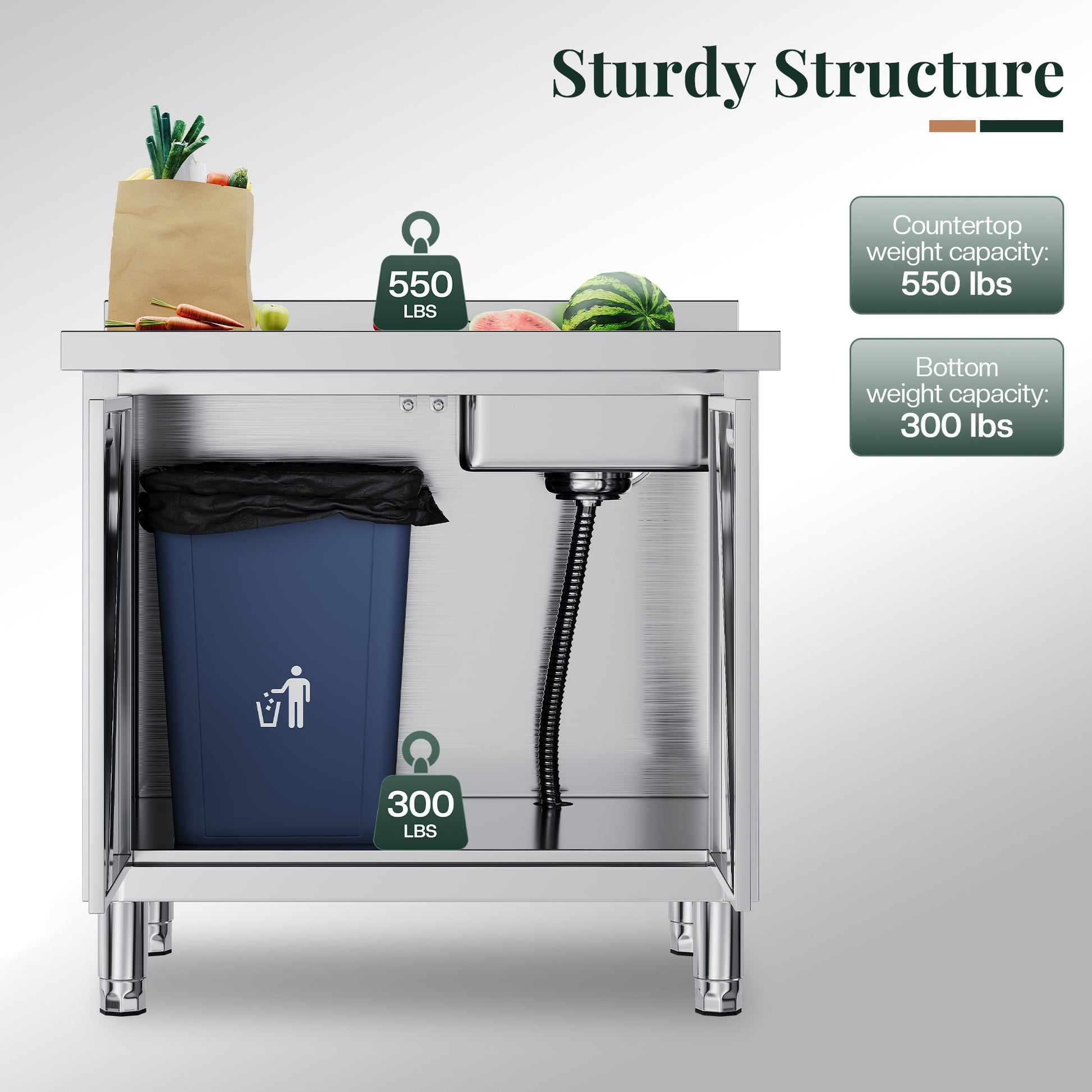 Stainless Steel Work Cabinet Amerlife 24" x 36" x 34" - Sink Cabinet with Trash Bin