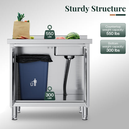 Stainless Steel Work Cabinet Amerlife 24" x 36" x 34" - Sink Cabinet with Trash Bin