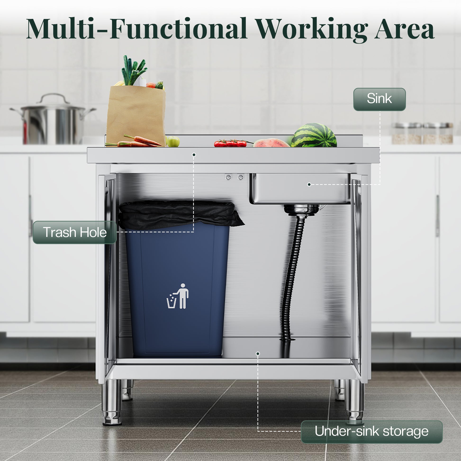 Stainless Steel Work Cabinet Amerlife 24" x 36" x 34" - Sink Cabinet with Trash Bin