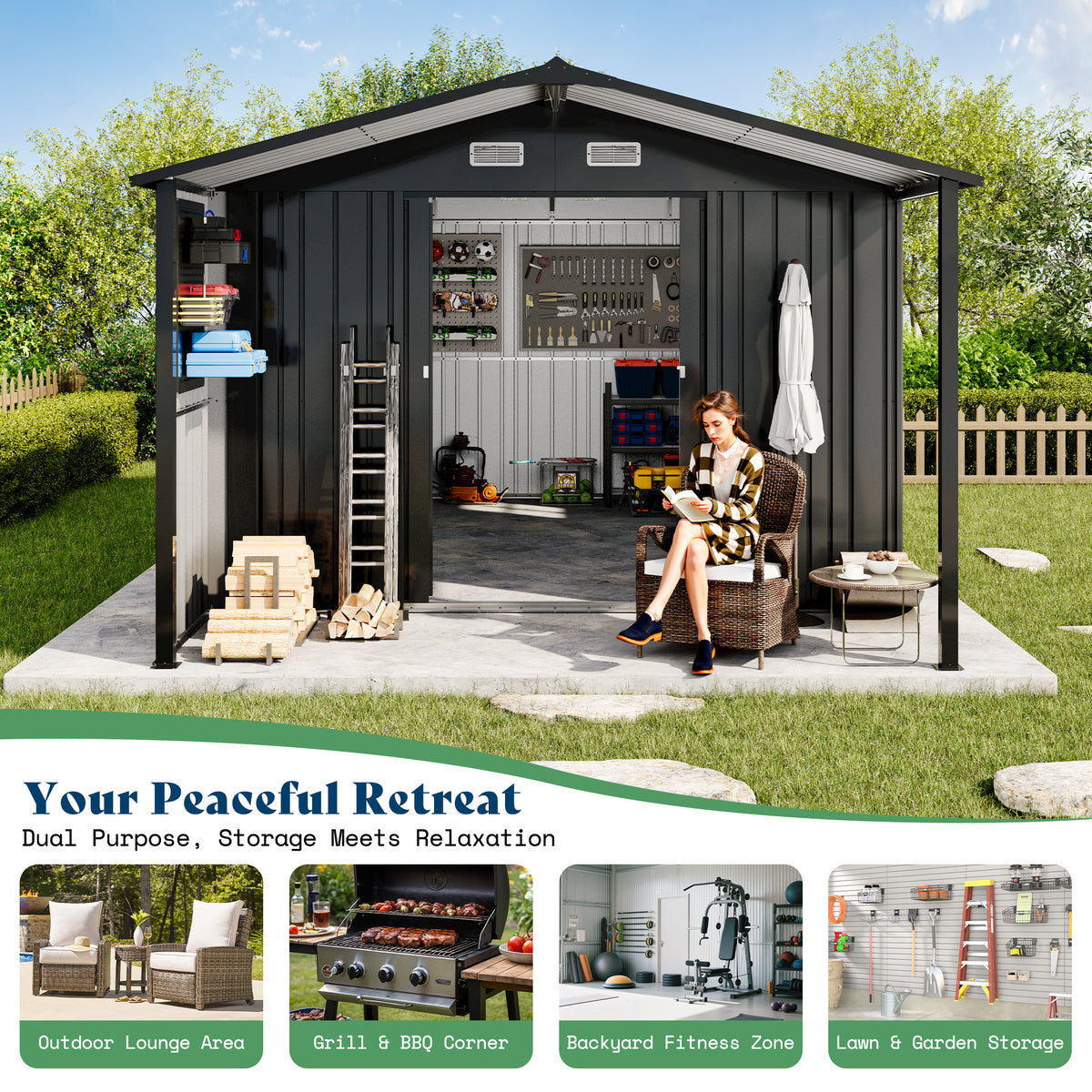 Outdoor Storage Shed with Lounge Area Amerlife
