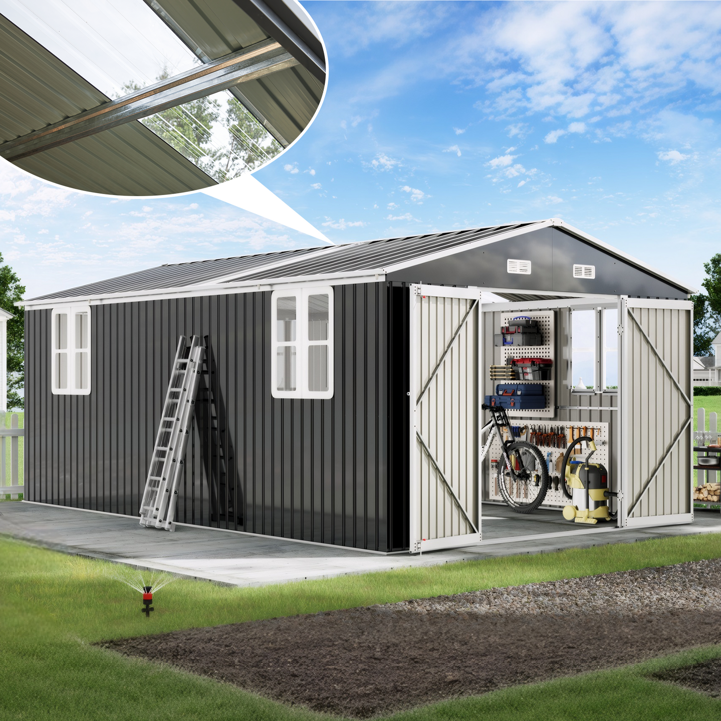 Outdoor Storage Shed with Transparent Panels Amerlife 10x16x7 FT 