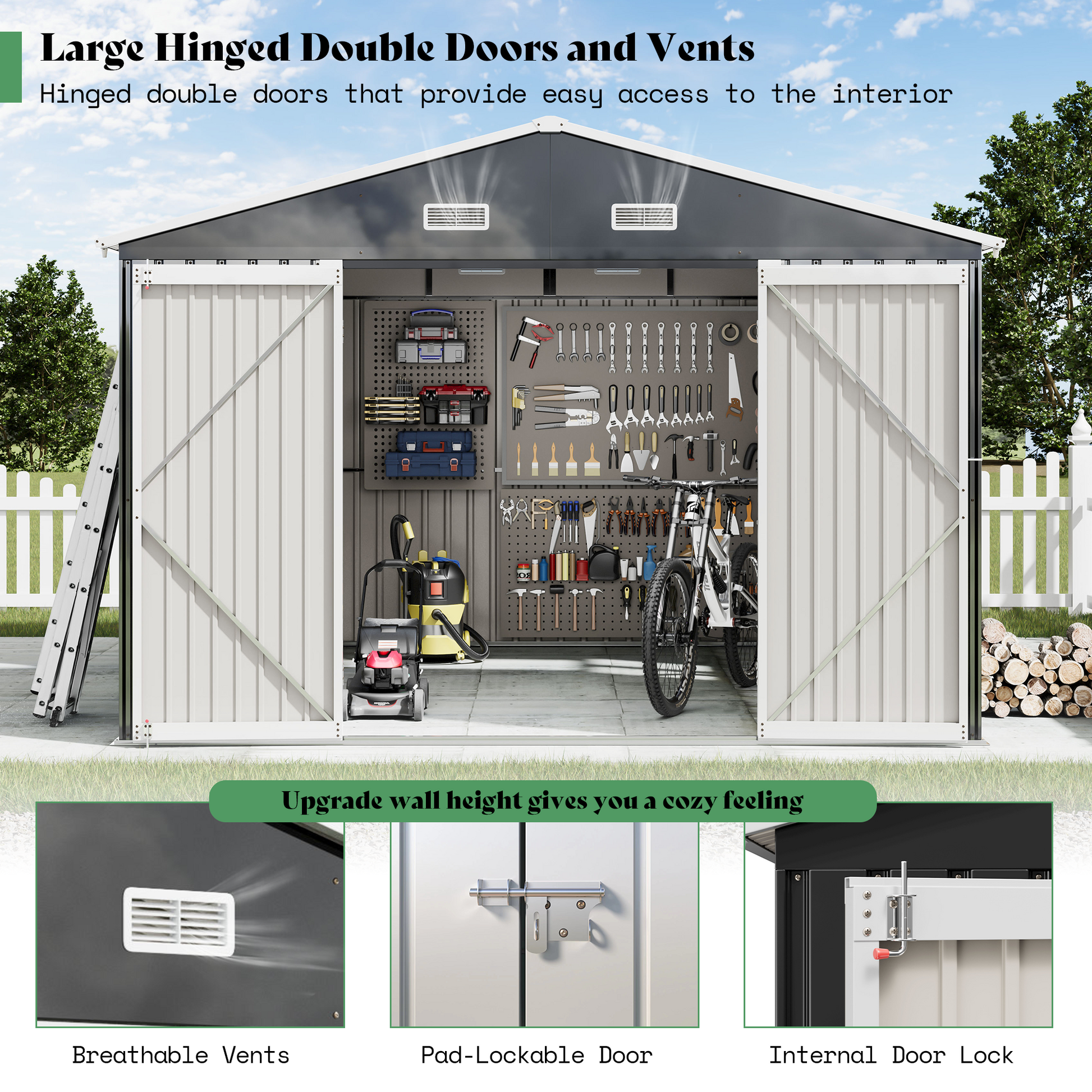 Outdoor Storage Shed with Transparent Panels Amerlife 10x16x7 FT 