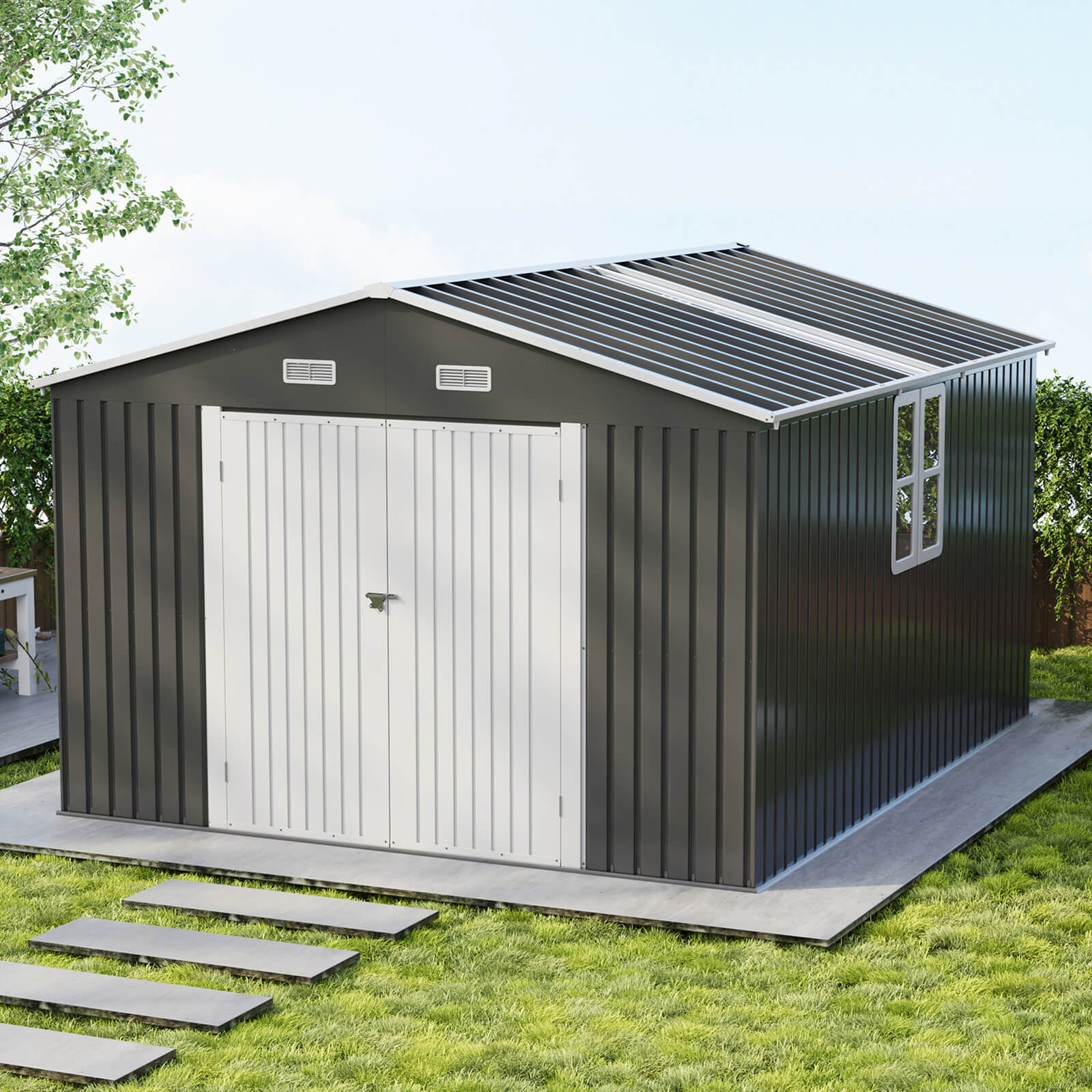 Outdoor Storage Shed with Transparent Panels Amerlife 10x12x7 FT 
