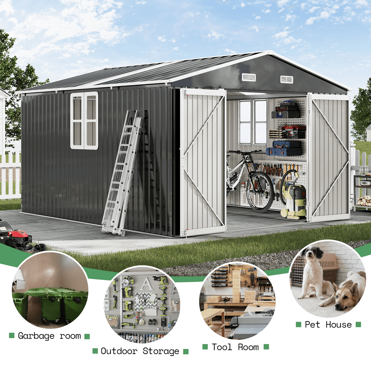 Outdoor Storage Shed with Transparent Panels Amerlife 10x12x7 FT  