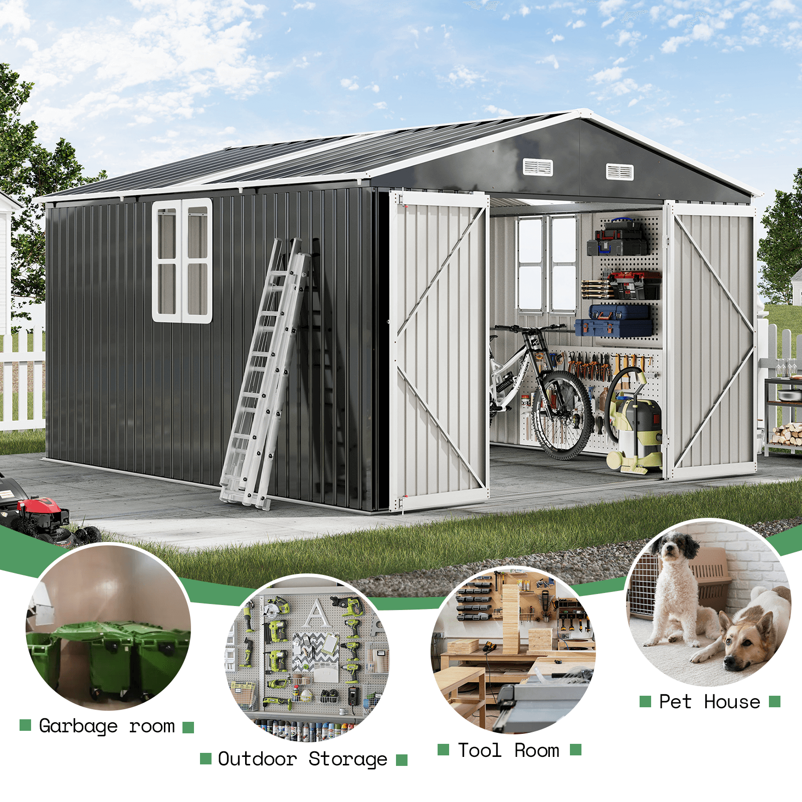 Outdoor Storage Shed with Transparent Panels Amerlife 10x12x7 FT  