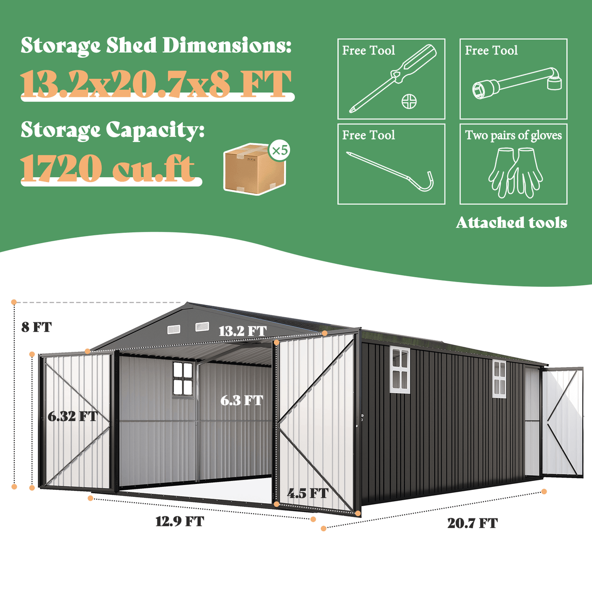 Extra Large Outdoor Metal Garage Shed Amerlife 13x21x8 FT 