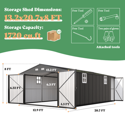 Extra Large Outdoor Metal Garage Shed Amerlife 13x21x8 FT 