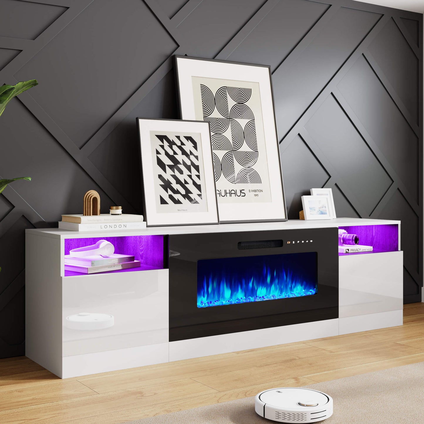 Portal 70" Fireplace TV Stand Amerlife White&Black