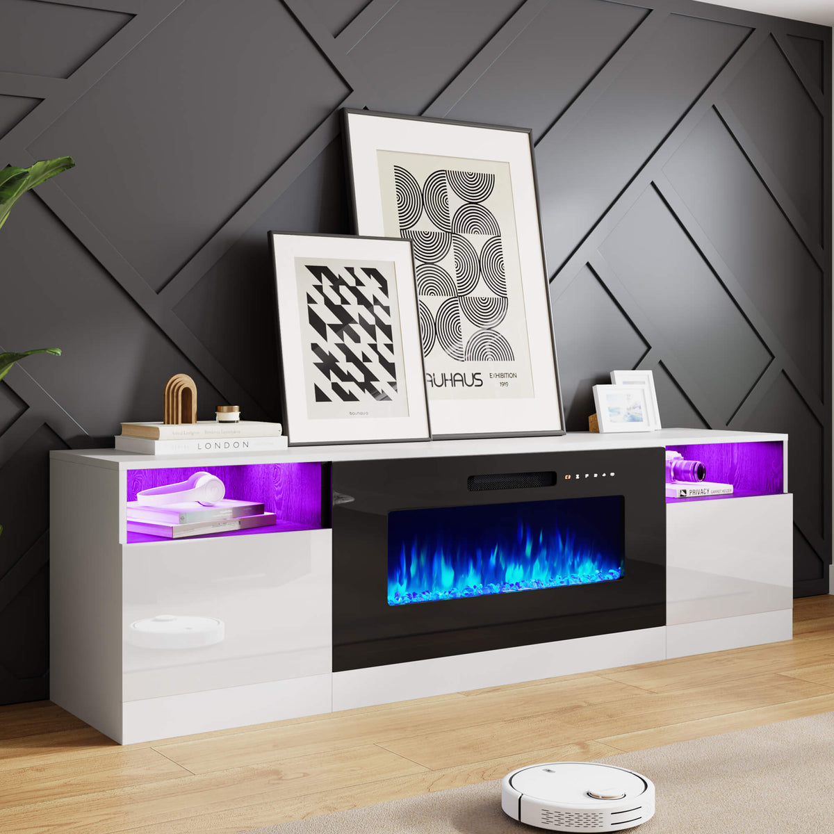Portal 70" Fireplace TV Stand Amerlife White&Black