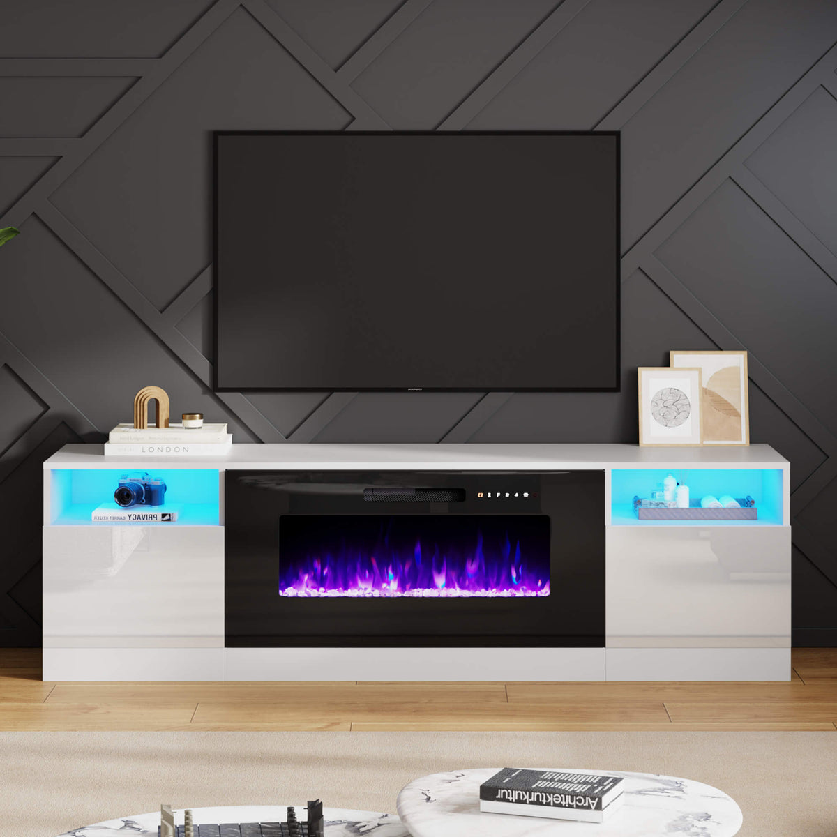 Portal 70" Fireplace TV Stand Amerlife White&Black