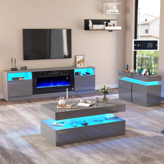 Lumina High Gloss Fireplace TV Stand Set Amerlife 70" / Grey