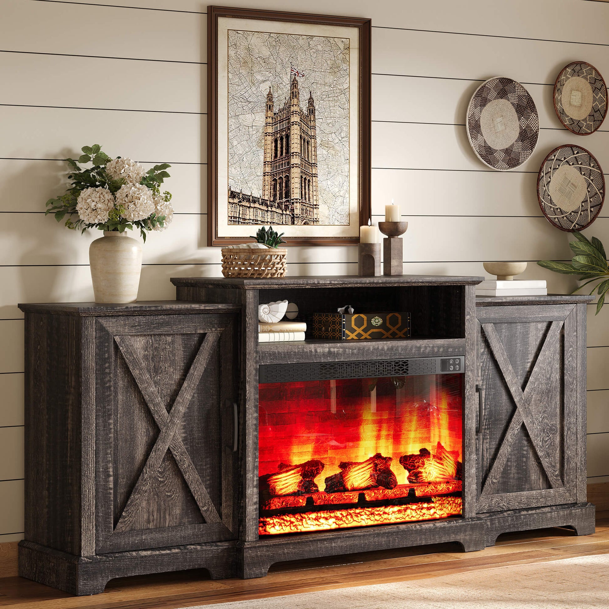 Vista Extra-Wide Fireplace TV Stand Amerlife 70" / Rustic Black