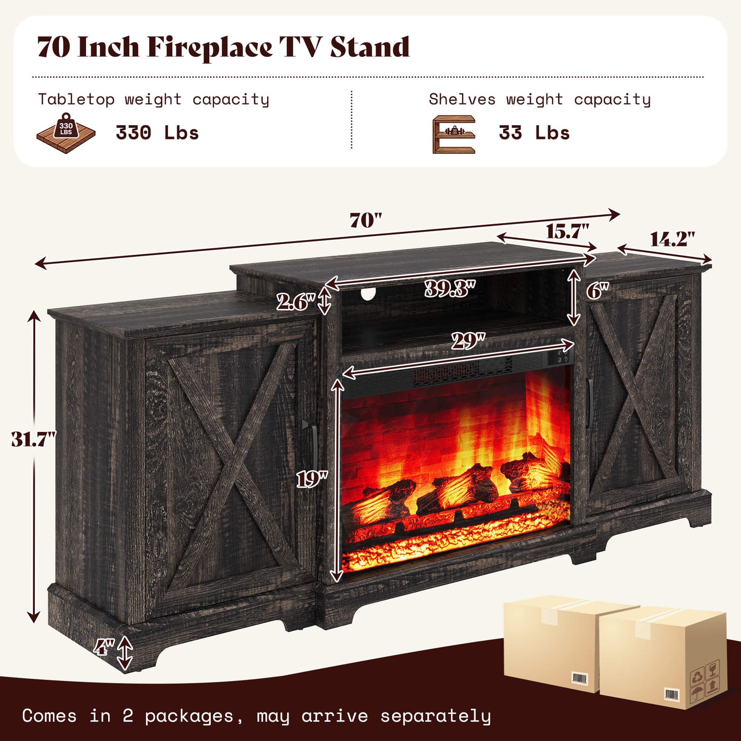 Vista Extra-Wide Fireplace TV Stand Amerlife 70" / Rustic Black