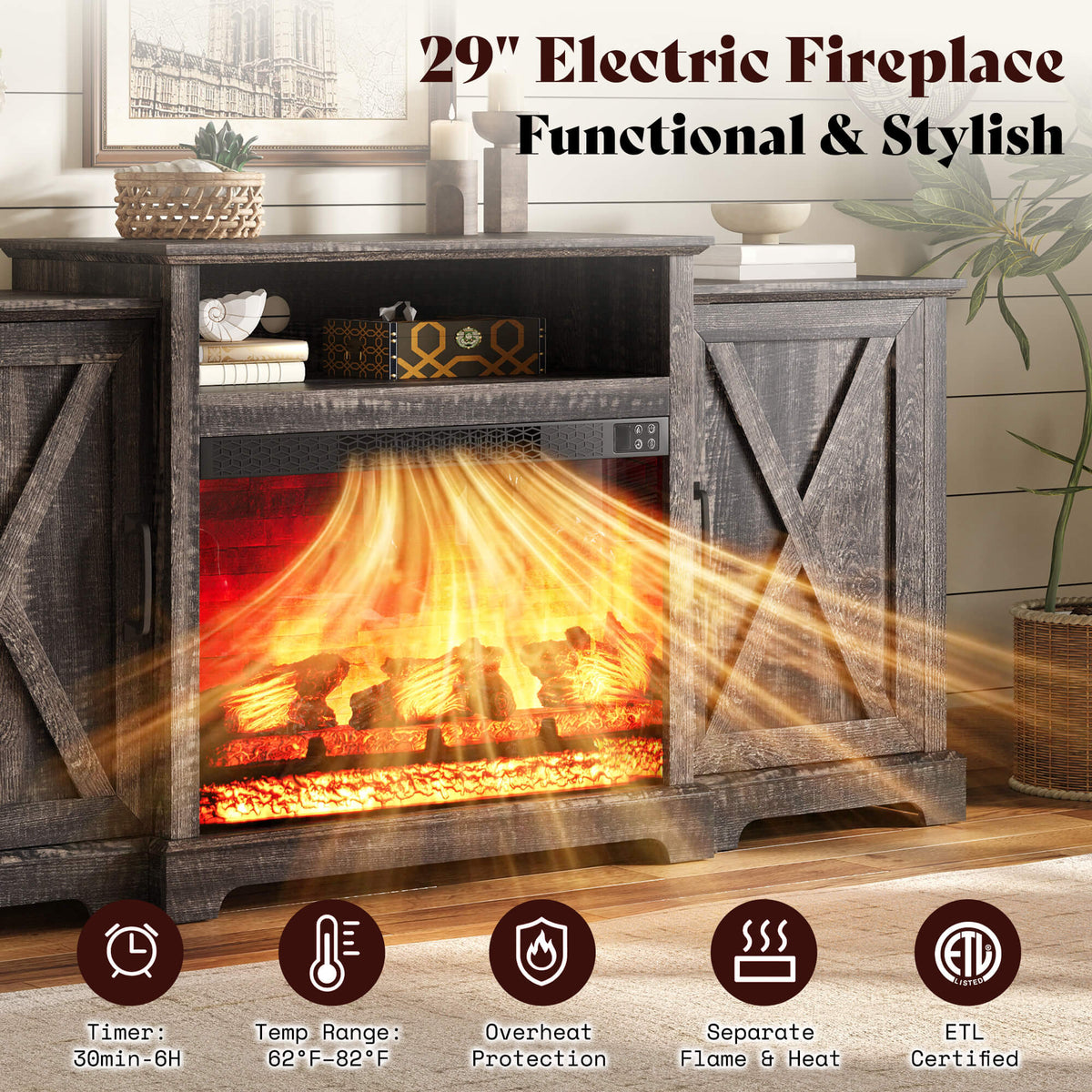 Vista Extra-Wide Fireplace TV Stand Amerlife 70" / Rustic Black