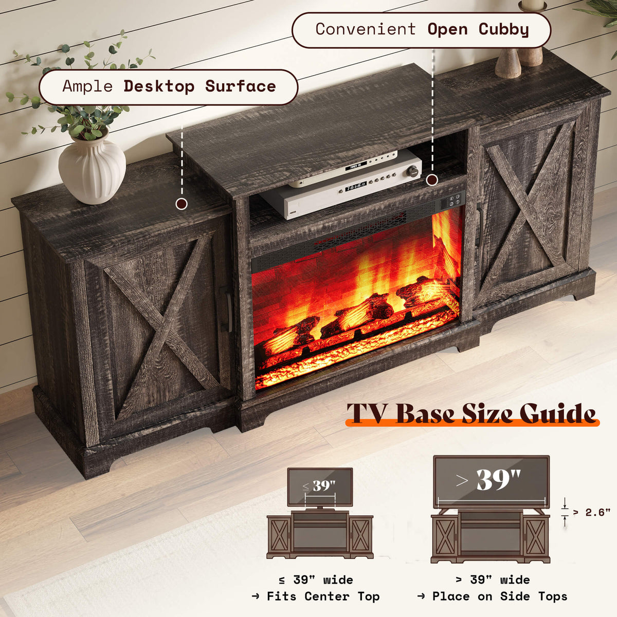 Vista Extra-Wide Fireplace TV Stand Amerlife 70" / Rustic Black