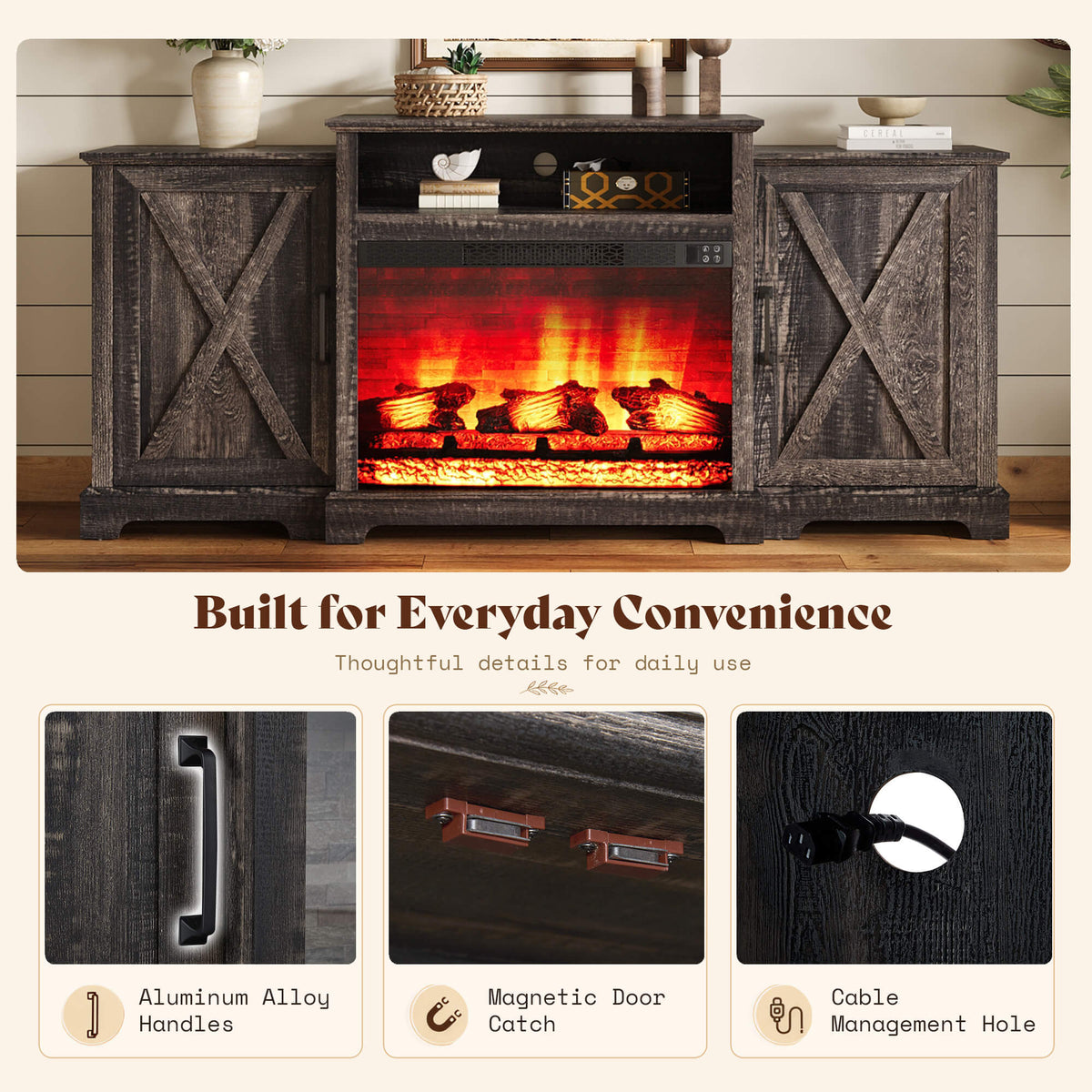Vista Extra-Wide Fireplace TV Stand Amerlife 70" / Rustic Black